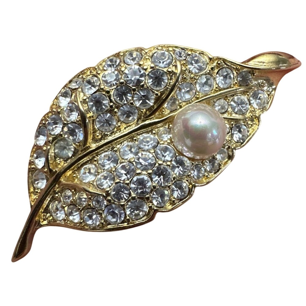 Nolan Miller Gold Tone Rhinestone Faux Pearl Leaf Brooch‎ Pin Vintage Style